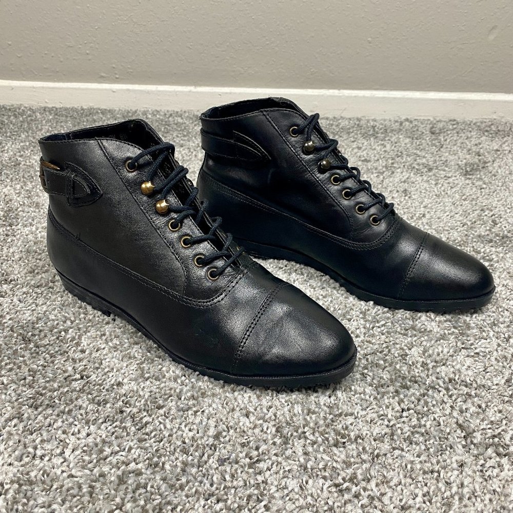 Vintage 80s 90s Black Leather Lace Up Buckle Grunge Granny Ankle Booties Boots 8